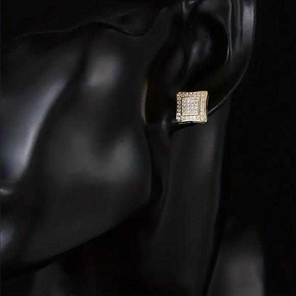 Mens 2ct Diamond 18K Gold Square Earrings Studs Silver Guys Jewelry 2 ct 18 K - Picture 3 of 7